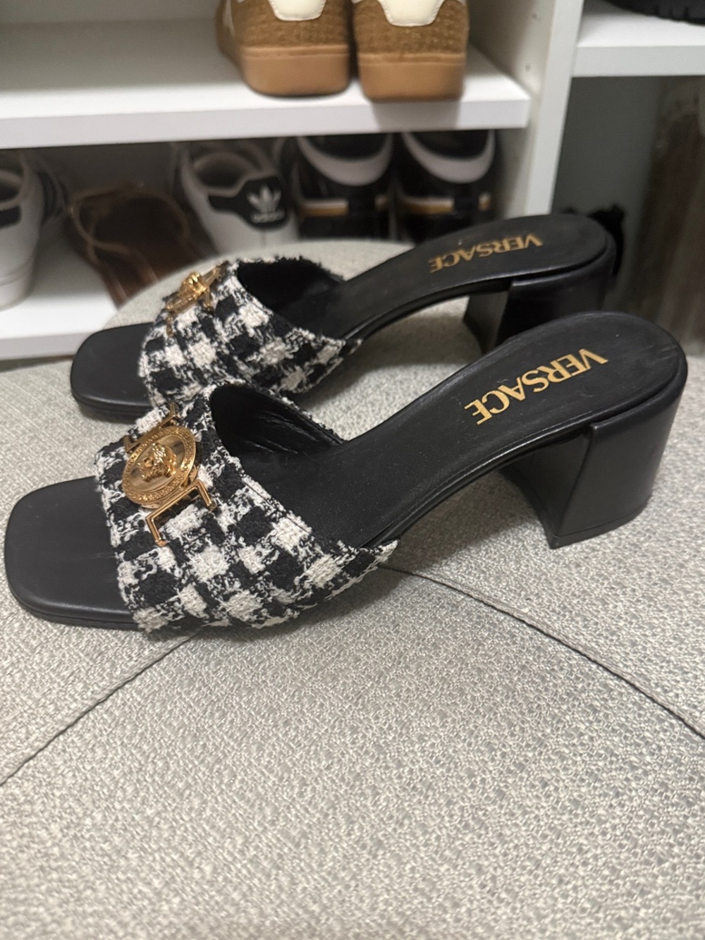 Versace Black & White Tweed low block heel slides.